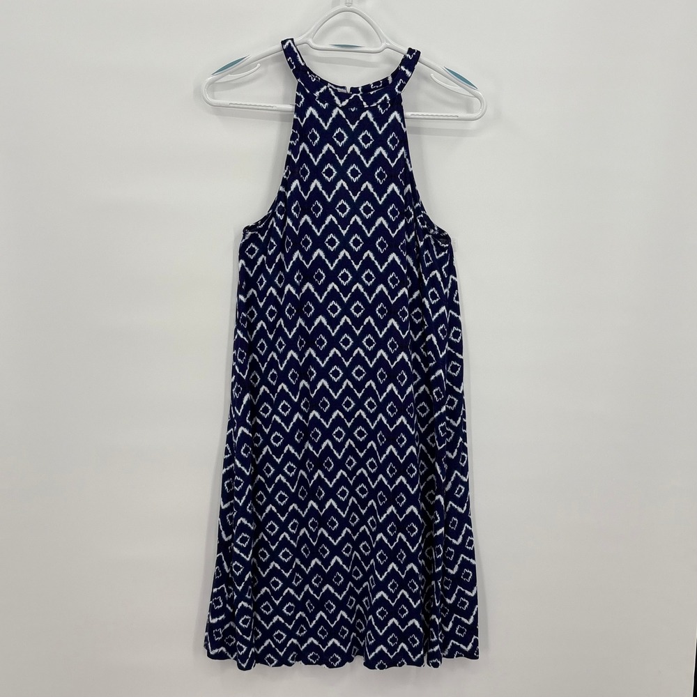 LOFT Womens Navy‎ White Ikat Diamond Halter Shift Dress XS Sleeveless